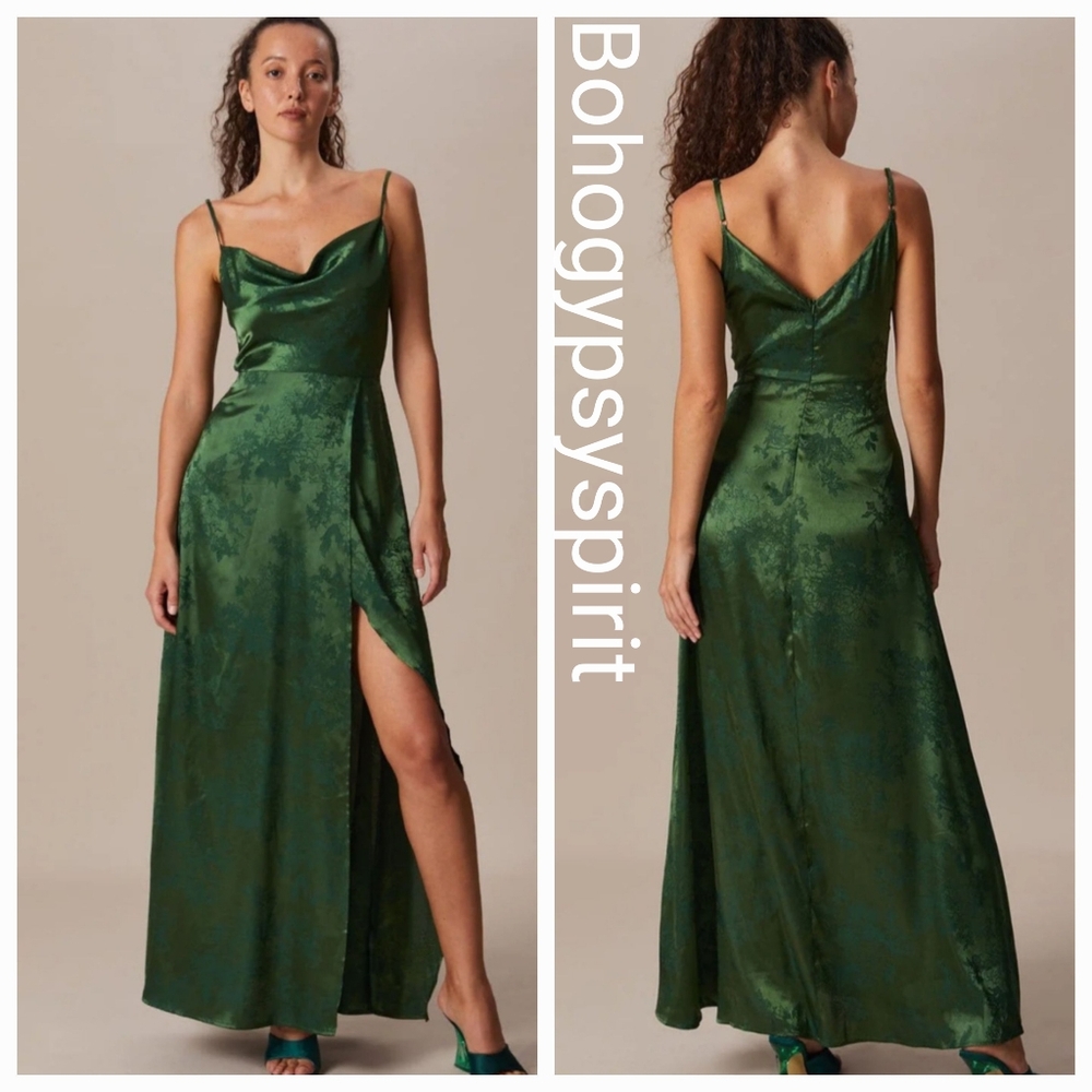 NWT Rihoas Green Cowl Neck JacquardSatin Maxi Dress, Small - Picture 4 of 14